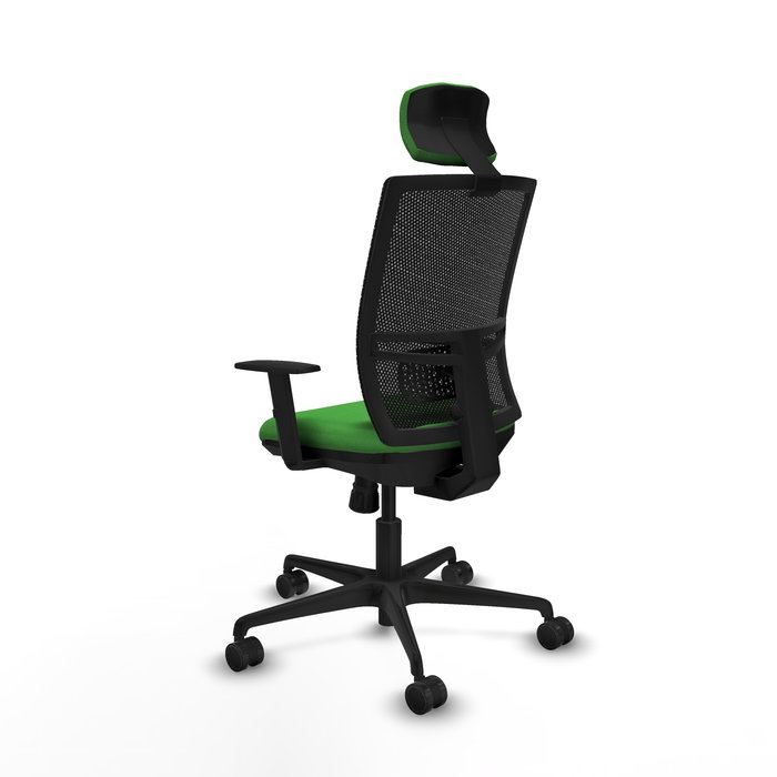 Silla de oficina Yunquera con mecanismo Sincro tapizada con Tela color Verde y malla color Negro. Equipada con lumbar 1D, Brazos 1D, Cabecero 1D y Ruedas 65mm nailon