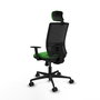 Silla de oficina Yunquera con mecanismo Sincro tapizada con Tela color Verde y malla color Negro. Equipada con lumbar 1D, Brazos 1D, Cabecero 1D y Ruedas 65mm nailon