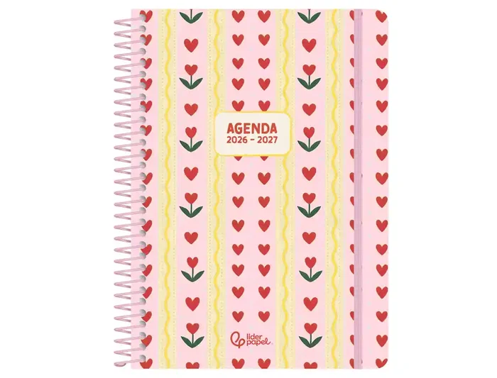 Liderpapel Fantasy A Agenda Escolar 2026-2027 Espiral A5 Semana Vista Bilingüe, Tapa Dura con Gomilla, Papel FSC 80g - Rosa Corazones
