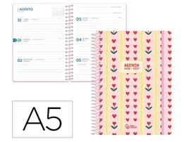 Liderpapel Fantasy A Agenda Escolar 2026-2027 Espiral A5 Semana Vista Bilingüe, Tapa Dura con Gomilla, Papel FSC 80g - Rosa Corazones