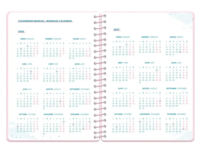 Liderpapel Fantasy A Agenda Escolar 2026-2027 Espiral A5 Semana Vista Bilingüe, Tapa Dura con Gomilla, Papel FSC 80g - Rosa Corazones