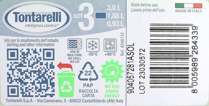 Tontarelli Set 3 Fiambreras Rectangulares 1L/2L/3L Tapa Verde Family (20 Cajas)
