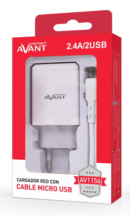 AVANT CONNECT Cargador USB de 2 Puertos 2.4A con Cable Micro USB Blanco