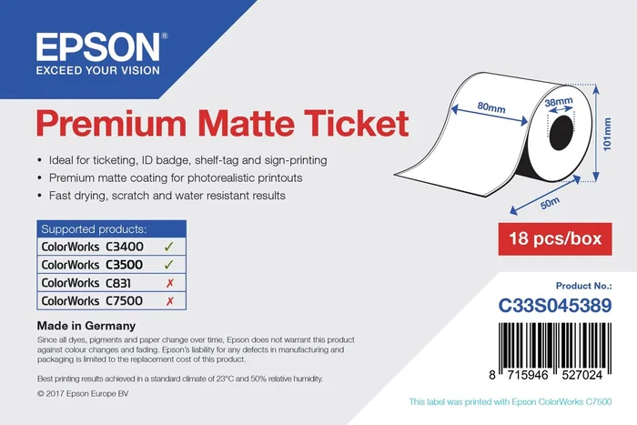 Epson Rollo de Premium Matte Ticket, 80 mm x 50 m Epson Rollo de Premium Matte Ticket, 80 mm x 50 m