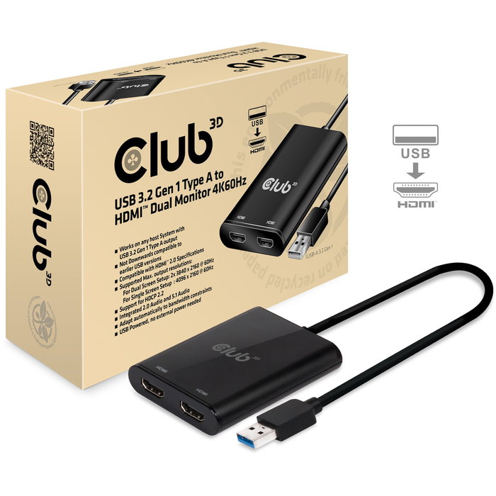 Club3D Adaptador USB-A 3.2 a HDMI 2.0 Dual Monitor 4K 60Hz - Conecta 2 pantallas 3840x2160, Plug & Play, Negro