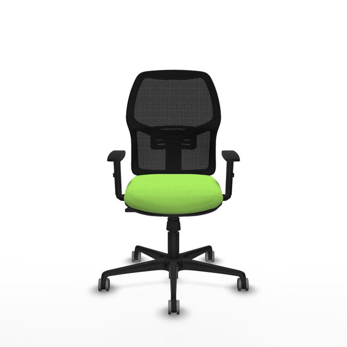 Silla de oficina Alfera con mecanismo Sincro tapizada con Tela color Pistacho y malla color Negro. Equipada con lumbar 1D, Brazos 1D y Ruedas 65 mm parqué