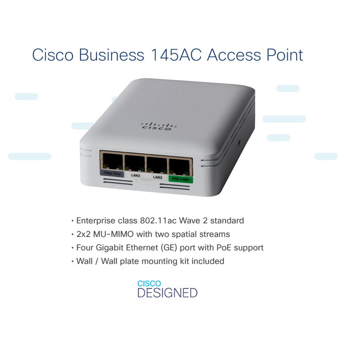 Cisco Business 145AC Punto de Acceso Inalámbrico Wi-Fi 5 2.4 GHz 5 GHz Instalable en Pared Cisco Business 145AC Punto de Acceso Inalámbrico Wi-Fi 5 2.4 GHz 5 GHz Instalable en Pared