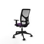 Silla de oficina Motilla con mecanismo Sincro tapizada con Tela color Morado y malla color Blanco. Equipada con lumbar 1D, Brazos 1D y Ruedas 65mm nailon