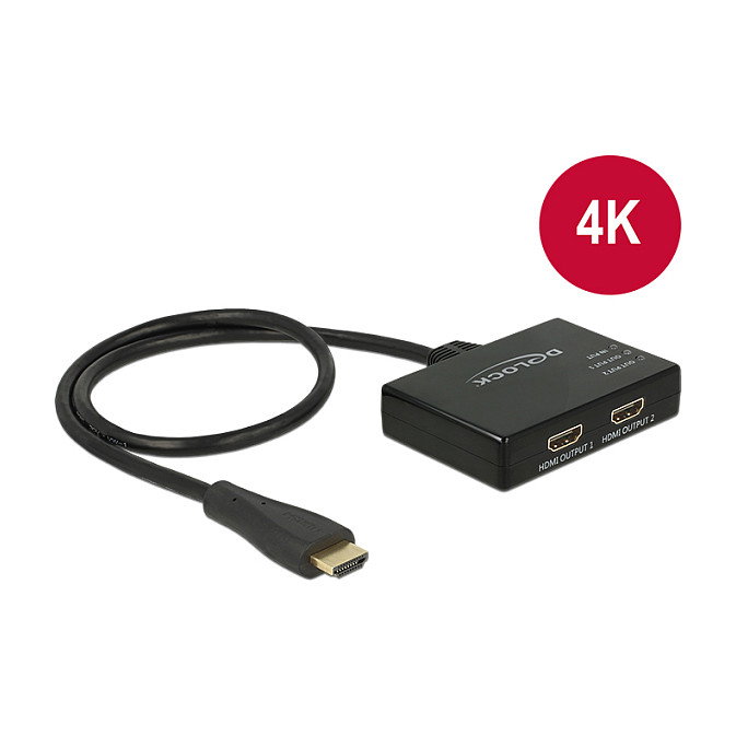 DeLOCK 87700 HDMI Splitter 1 Entrada a 2 Salidas 4K 3840 x 2160, Cable 0.6 m, Negro