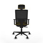 Silla de oficina Yunquera con mecanismo Sincro tapizada con Tela color Amarillo y malla color Negro. Equipada con lumbar 1D, Brazos 1D, Cabecero 1D y Ruedas 65mm nailon