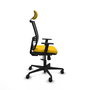 Silla de oficina Yunquera con mecanismo Sincro tapizada con Tela color Amarillo y malla color Negro. Equipada con lumbar 1D, Brazos 1D, Cabecero 1D y Ruedas 65mm nailon