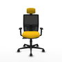 Silla de oficina Yunquera con mecanismo Sincro tapizada con Tela color Amarillo y malla color Negro. Equipada con lumbar 1D, Brazos 1D, Cabecero 1D y Ruedas 65mm nailon