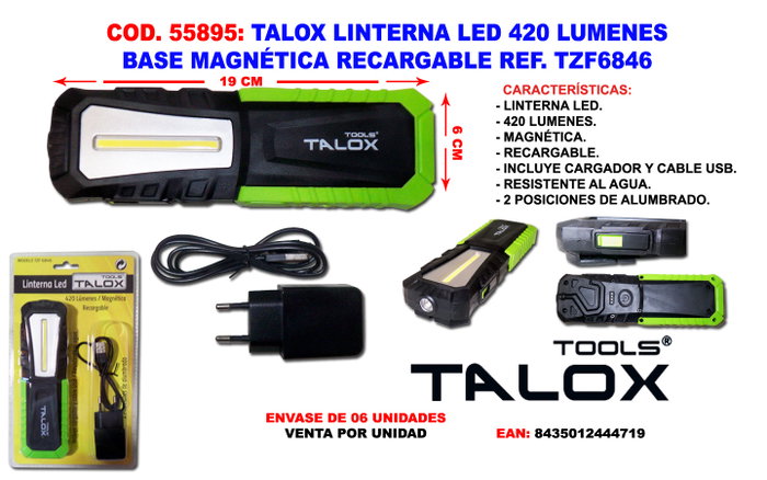 TALOX Linterna LED 420 Lúmenes con Base Magnética Recargable TZF6846 TALOX Linterna LED 420 Lúmenes con Base Magnética Recargable TZF6846