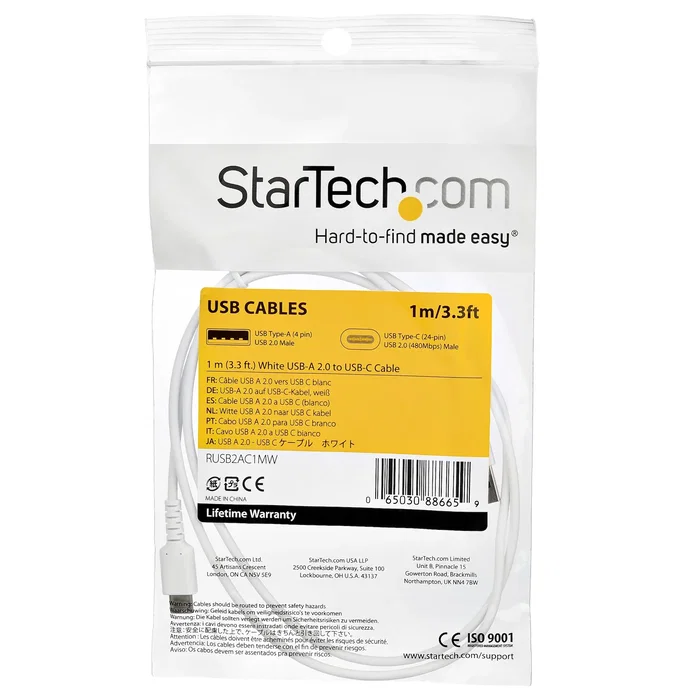 StarTech Cable USB 2.0 Tipo A a USB-C de 1 metro (RUSB2AC1MW), 480 Mbit/s, reforzado con fibra de aramida para máxima durabilidad, Color Blanco