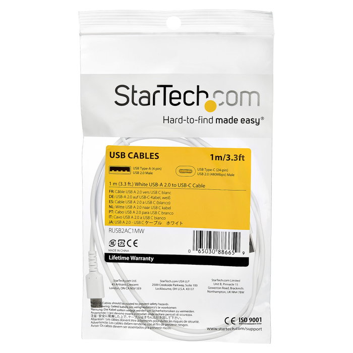 StarTech.com Cable USB-A a USB-C de 1m Blanco (3A, USB 2.0)