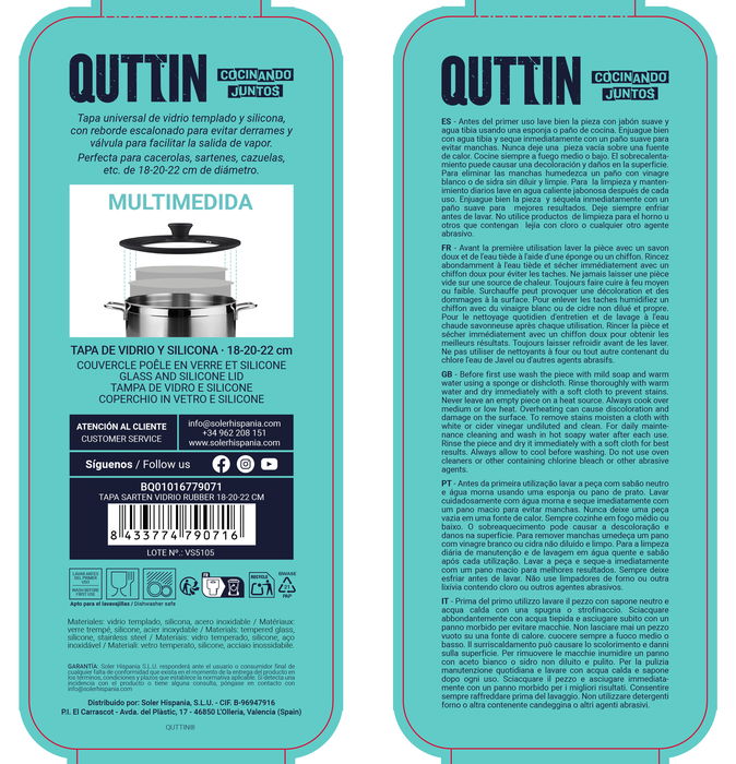 Quttin Tapa para Sartén de Vidrio con Borde de Goma, Compatible con 18, 20 y 22 cm (12 Unidades)