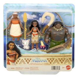MATTEL Disney Princess Jln21 Multipack Muñeca Pequeña Vaiana, Maui, Tala, Pua y Cangrejo, Figuras Articuladas 8.9cm + Anzuelo y Remo