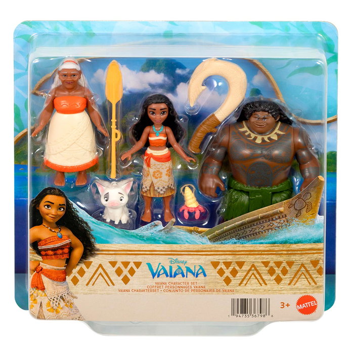 MATTEL Disney Princess Jln21 Multipack Muñeca Pequeña Vaiana, Maui, Tala, Pua y Cangrejo, Figuras Articuladas 8.9cm + Anzuelo y Remo