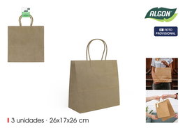Algon Set de 3 Bolsas de Papel Kraft 26 cm x 17 cm x 26 cm (24 Unidades)