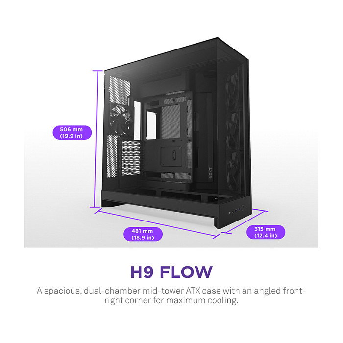 NZXT CM-H92FB1 H9 Flow Torre Media ATX/Micro-ATX/Mini-ITX Caja PC Mesh Negro con Ventana Lateral de Cristal Templado