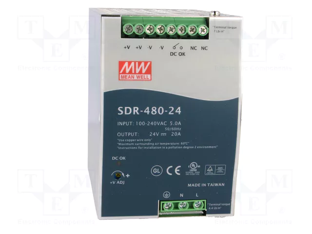 MEAN WELL SDR-480-24 Alimentador de impulso 480W 24VDC 20A