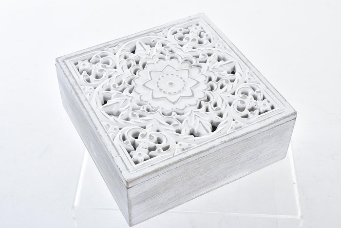 DKD Home Decor Joyero Decorativo Árabe Caja Organizador de Joyas con Diseño Mandala de MDF Blanco 20x20x8 cm - Set de 2 Piezas