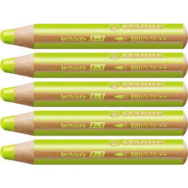 Stabilo Lápices De Colores Woody 3 En 1 Verde Hoja Estuche 5 Ud Lápiz de color, cera o acuarela, madera certificada PEFC, apto para varias superficies, punta de 10mm