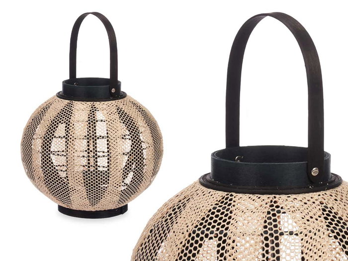 Giftdecor Farol Portavela Asa Esfera 30x30x30 cm Tela, Madera y Vidrio Beige/Negro (Set de 2)