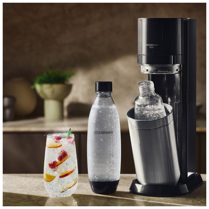 SodaStream DUO Negro y Acero Inoxidable con Botella de Vidrio 1 L