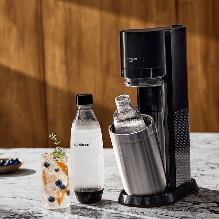 SodaStream DUO Negro y Acero Inoxidable con Botella de Vidrio 1 L