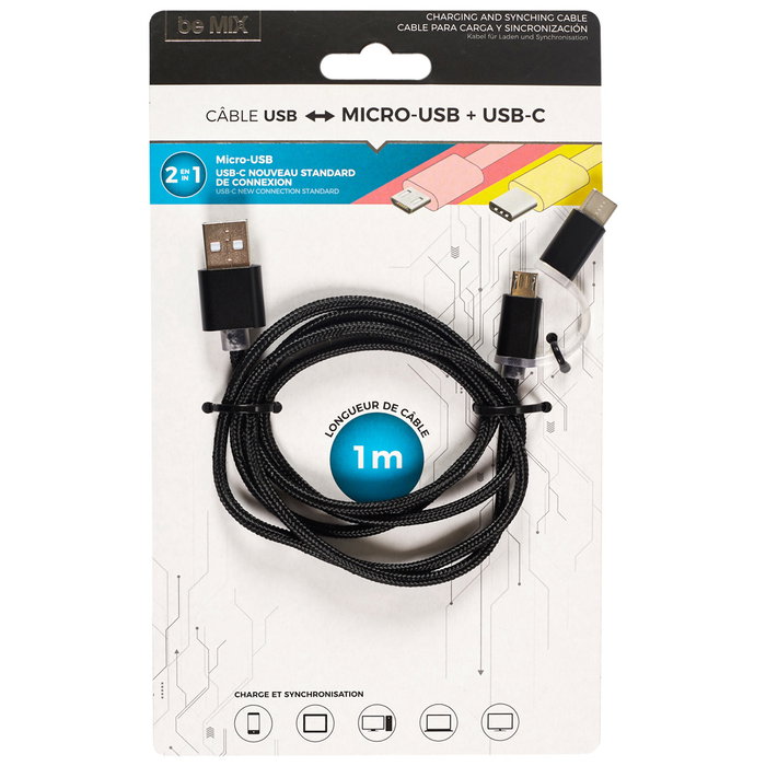 Be Mix Cable 2 En 1 Micro Usb-T C para Carga y Datos, 1 Metro, Compatible con Ordenador, Tablet y Smartphone Be Mix Cable 2 En 1 Micro Usb-T C para Carga y Datos, 1 Metro, Compatible con Ordenador, Tablet y Smartphone