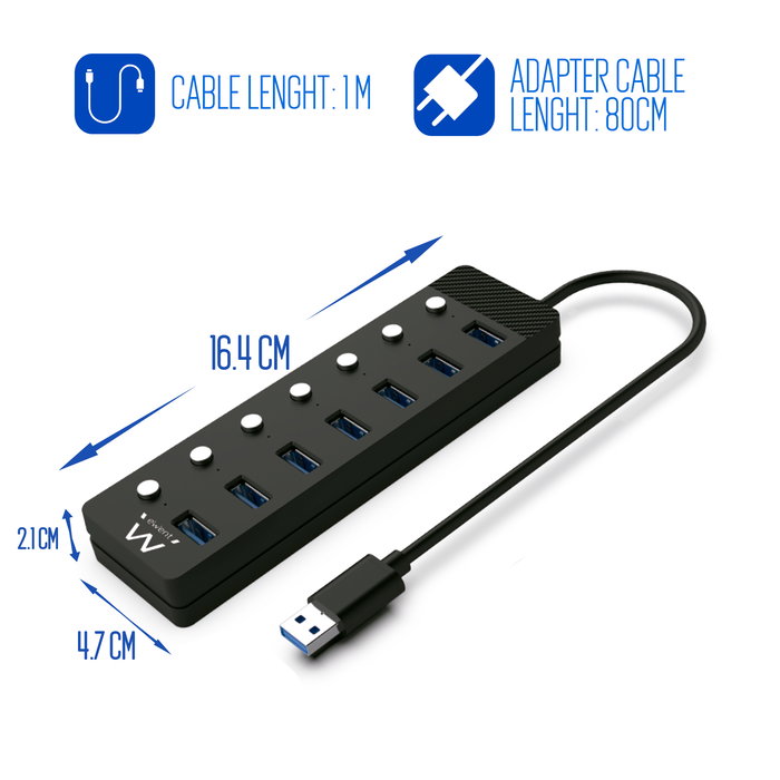 Ewent EW1147 Hub USB 3.0 de 7 Puertos con Interruptor y Adaptador de Corriente Incluido