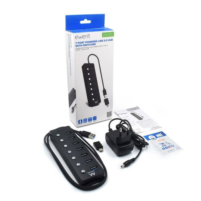 Ewent Hub USB 3.2 Gen 1 de 7 puertos con interruptores y adaptador USB-C Negro