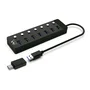 Ewent EW1147 Hub USB 3.0 7 Puertos con Interruptores Individuales y Adaptador USB-C, Alimentado 5V/2A, Velocidad 5 Gbps, Color Negro