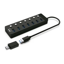 Ewent EW1147 Hub USB 3.0 7 Puertos con Interruptores Individuales y Adaptador USB-C, Alimentado 5V/2A, Velocidad 5 Gbps, Color Negro