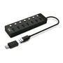 Ewent EW1147 Hub USB 3.0 7 Puertos con Interruptores Individuales y Adaptador USB-C, Alimentado 5V/2A, Velocidad 5 Gbps, Color Negro