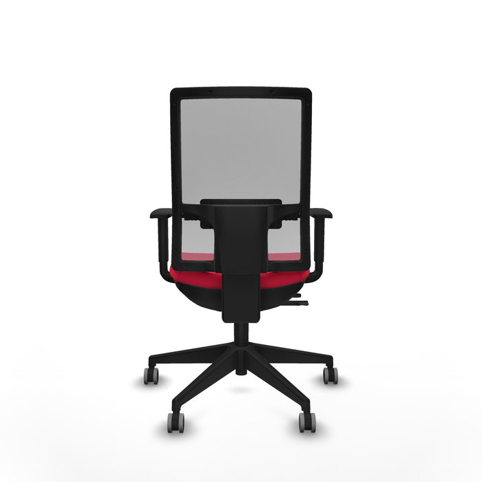 Silla de oficina Horna con mecanismo Sincro/Traslack tapizada con Tela color Rojo y malla color Gris. Equipada con lumbar 1D, Brazos 1D y Ruedas 65 mm parqué