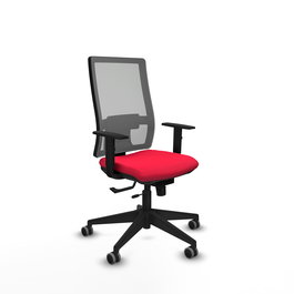 Silla de oficina Horna con mecanismo Sincro/Traslack tapizada con Tela color Rojo y malla color Gris. Equipada con lumbar 1D, Brazos 1D y Ruedas 65 mm parqué