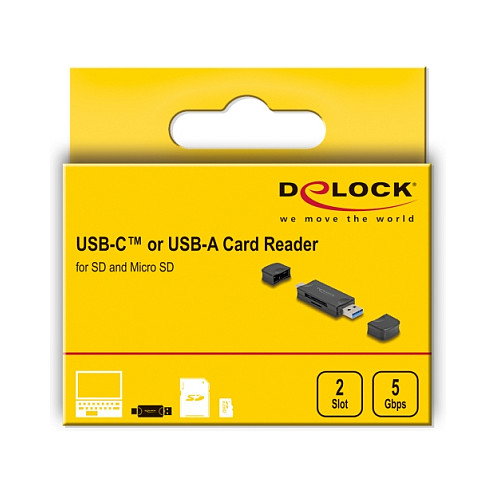 DeLOCK Lector de tarjetas USB 5 Gbps con USB Type-C y Type-A para SD y Micro SD, Negro DeLOCK Lector de tarjetas USB 5 Gbps con USB Type-C y Type-A para SD y Micro SD, Negro