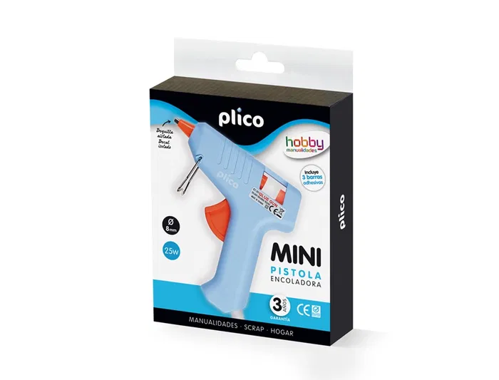 Plico Pistola Silicona Caliente Mini 25W para Manualidades y Pequeñas Reparaciones, Pega Madera, Plástico, Cerámica, Vidrio y Metal