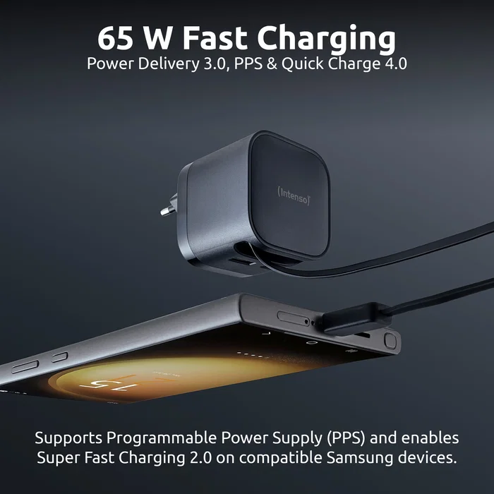 Intenso W65ACIC Cargador de Pared 65W GaN con Cable USB-C Retráctil Negro