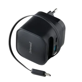 Intenso W65ACIC Cargador de Pared 65W GaN con Cable USB-C Retráctil Negro