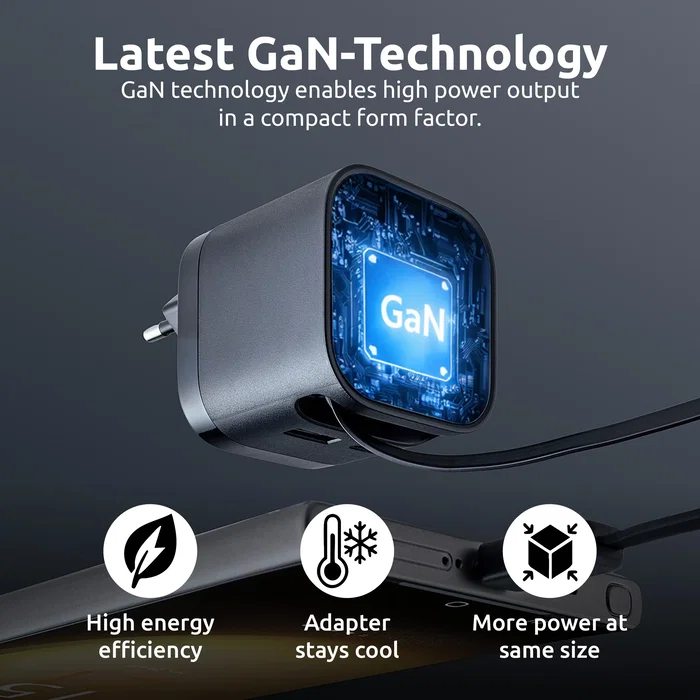 Intenso W65ACIC Cargador de Pared 65W GaN con Cable USB-C Retráctil Negro