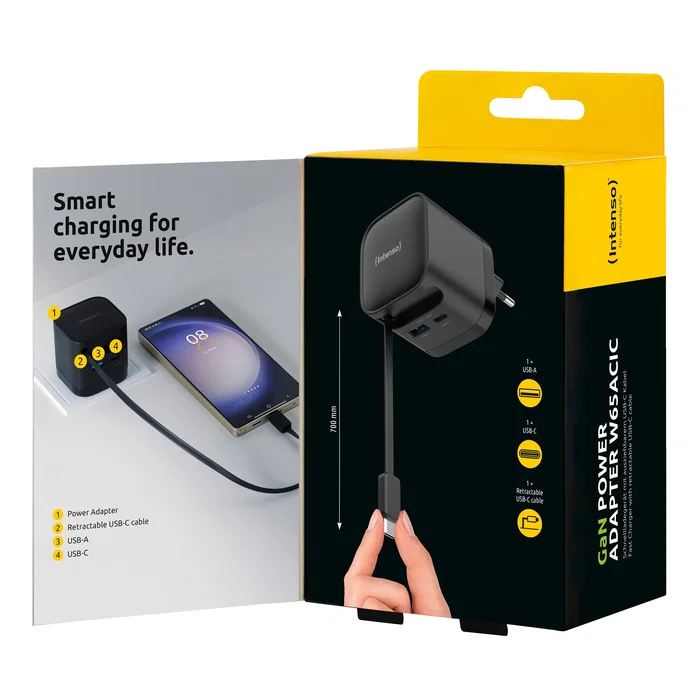 Intenso W65ACIC Cargador de Pared 65W GaN con Cable USB-C Retráctil Negro
