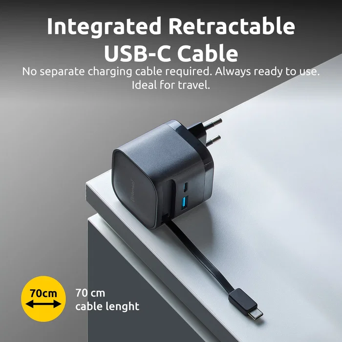 Intenso W65ACIC Cargador de Pared 65W GaN con Cable USB-C Retráctil Negro