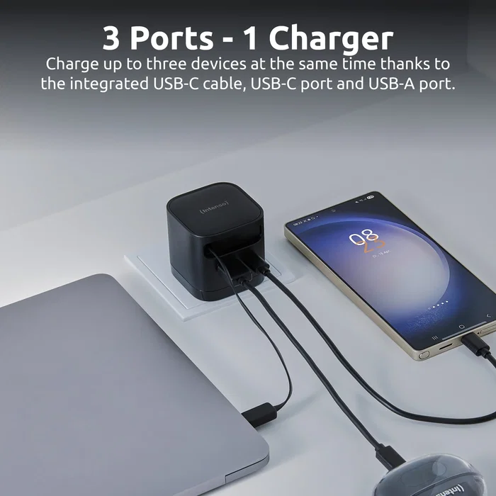Intenso W65ACIC Cargador de Pared 65W GaN con Cable USB-C Retráctil Negro