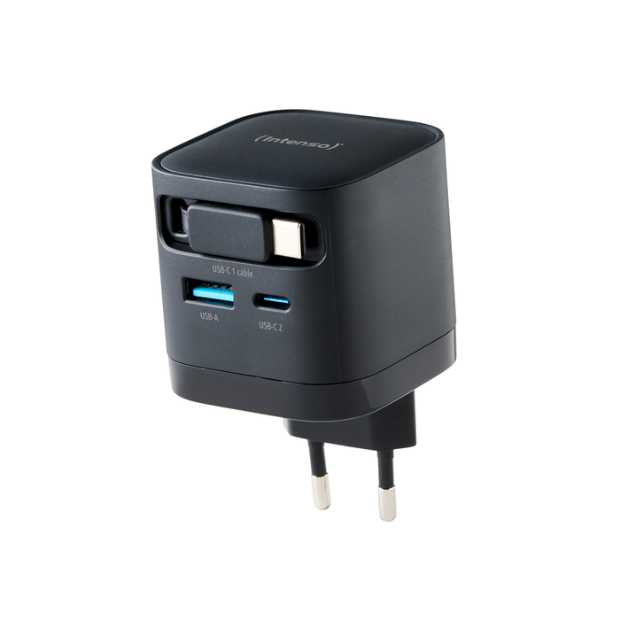 Intenso W65ACIC Cargador de Pared 65W GaN con Cable USB-C Retráctil y 2 Puertos Adicionales (USB-C + USB-A) Negro - Tecnología PD 3.0/PPS