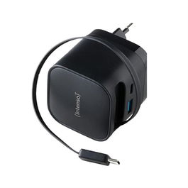 Intenso W65ACIC Cargador de Pared 65W GaN con Cable USB-C Retráctil y 2 Puertos Adicionales (USB-C + USB-A) Negro - Tecnología PD 3.0/PPS
