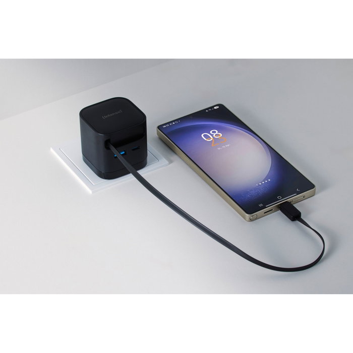 Intenso W65ACIC Cargador de Pared 65W GaN con Cable USB-C Retráctil Negro