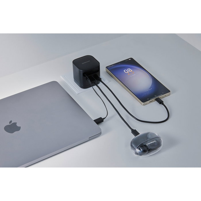 Intenso W65ACIC Cargador de Pared 65W GaN con Cable USB-C Retráctil Negro